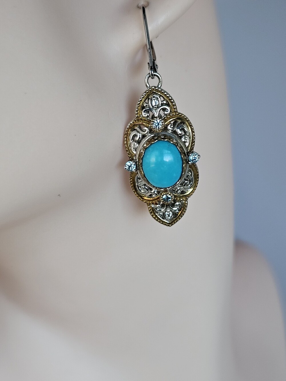 Sleeping Beauty Turquoise & Blue Topaz  Earrings Sterling Silver 18K - Picture 6 of 6